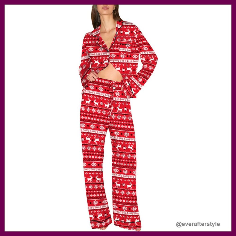 Long Sleeve Button Down Pajama Set Comfy Lounge Sleepwear Classic Elegant